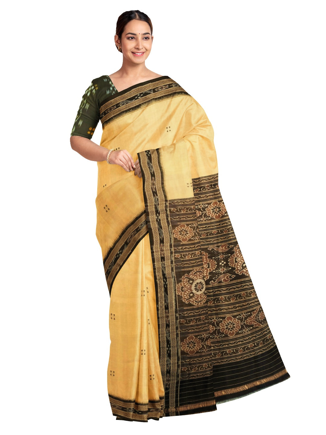 Beige with Black Odisha Khandua Pata Silk Saree