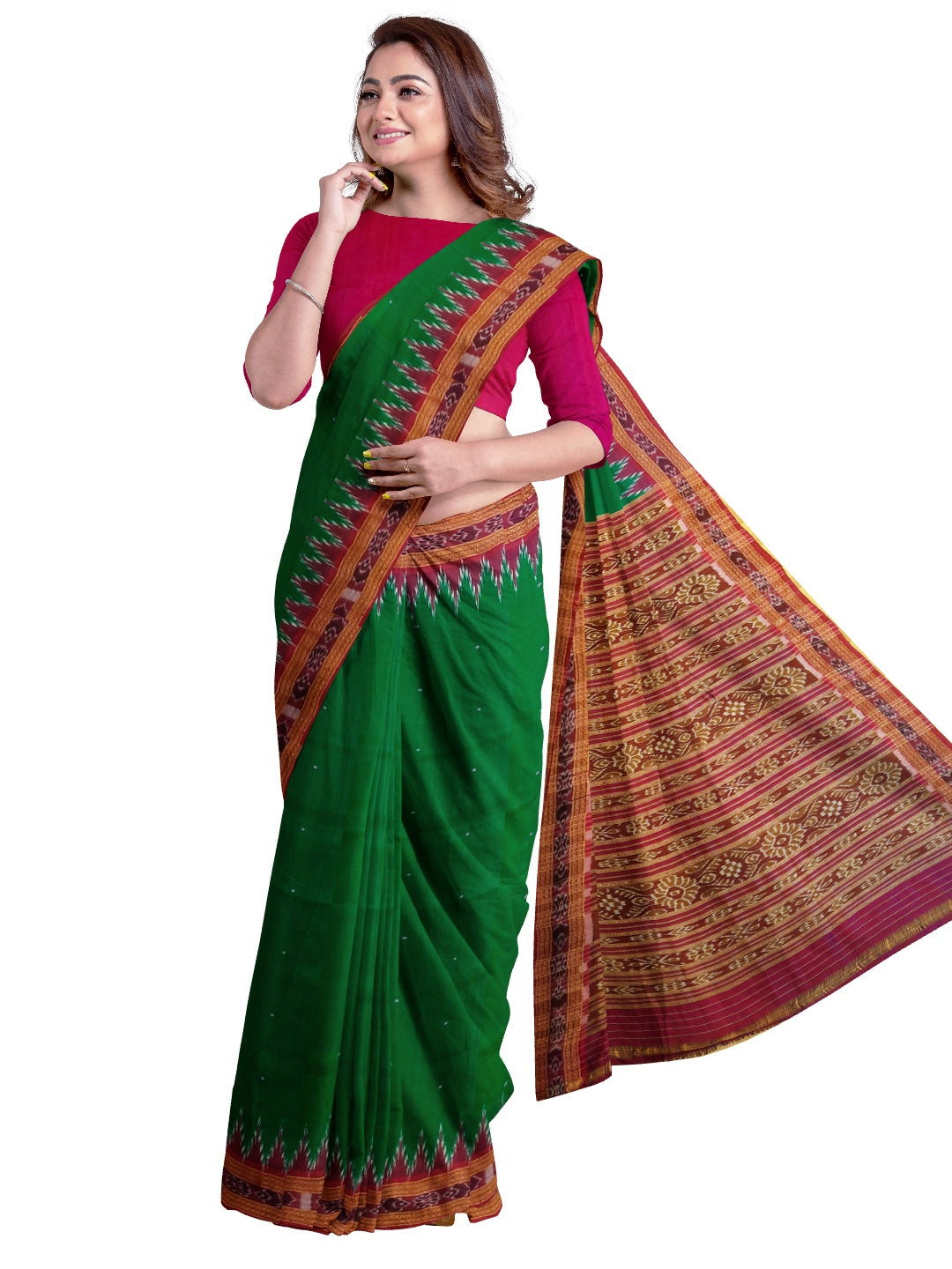 Green with Pink Odisha Khandua Pata Silk Saree with silk blouse piece
