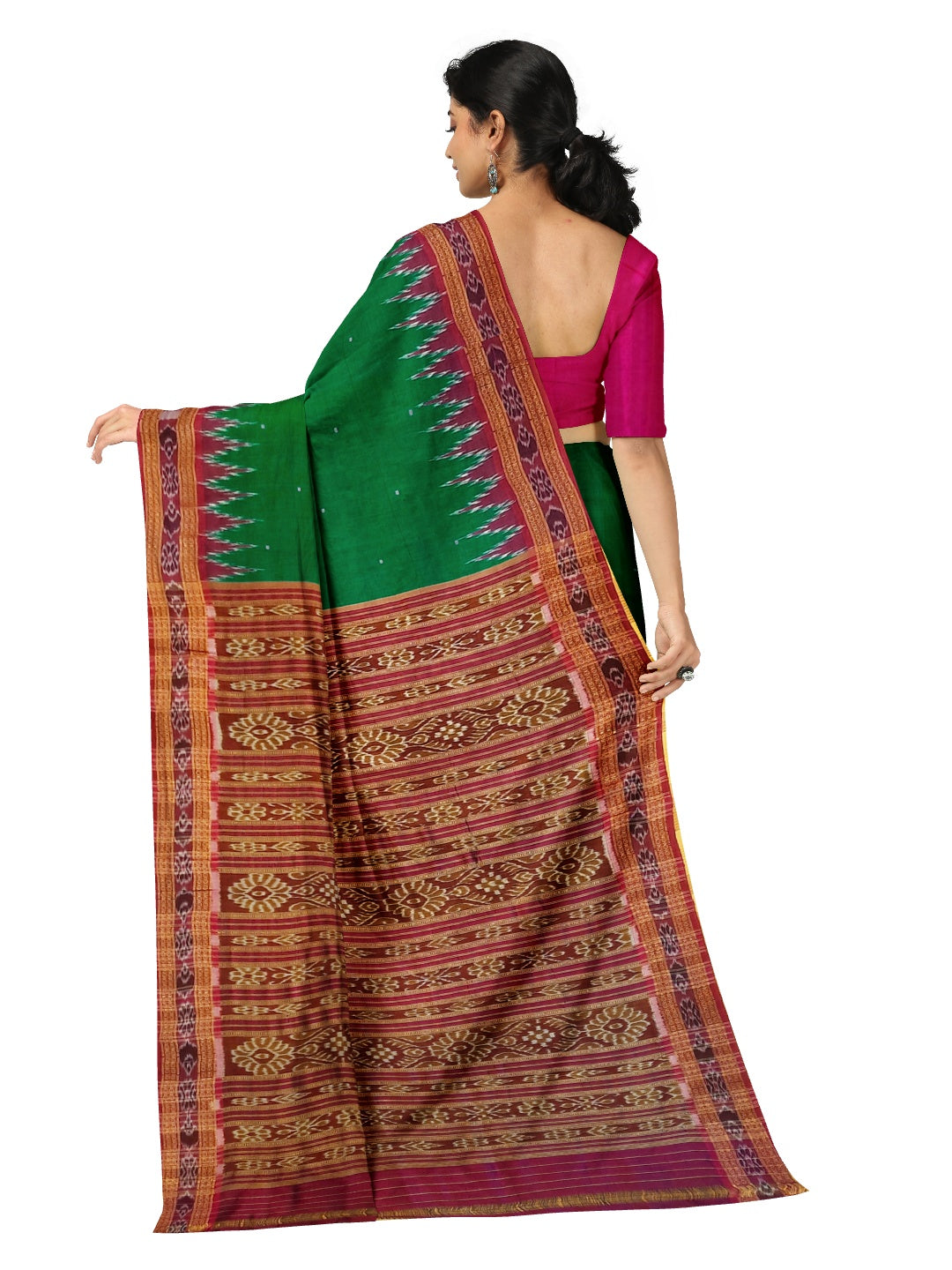 Green with Pink Odisha Khandua Pata Silk Saree with silk blouse piece