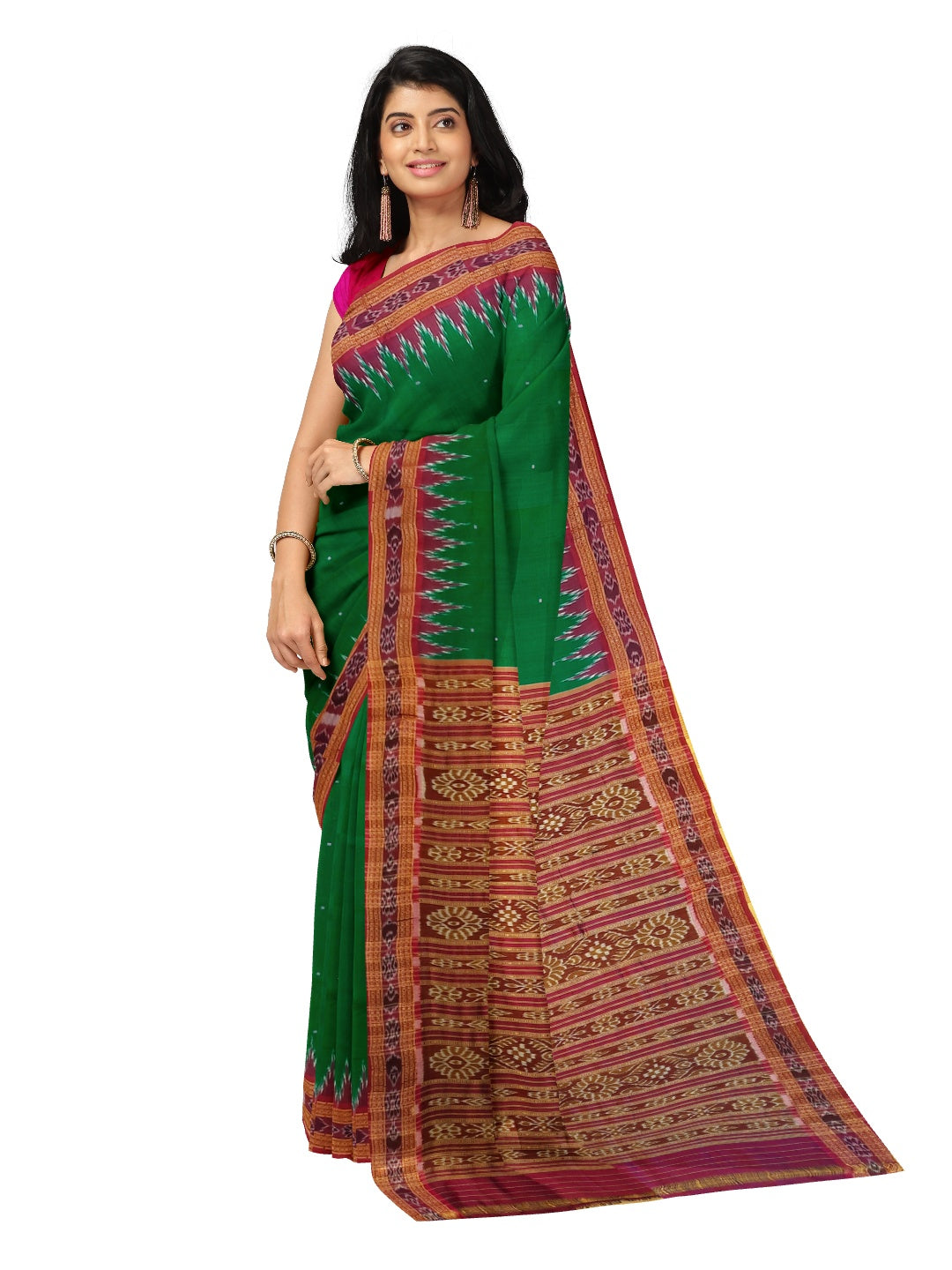 Green with Pink Odisha Khandua Pata Silk Saree with silk blouse piece
