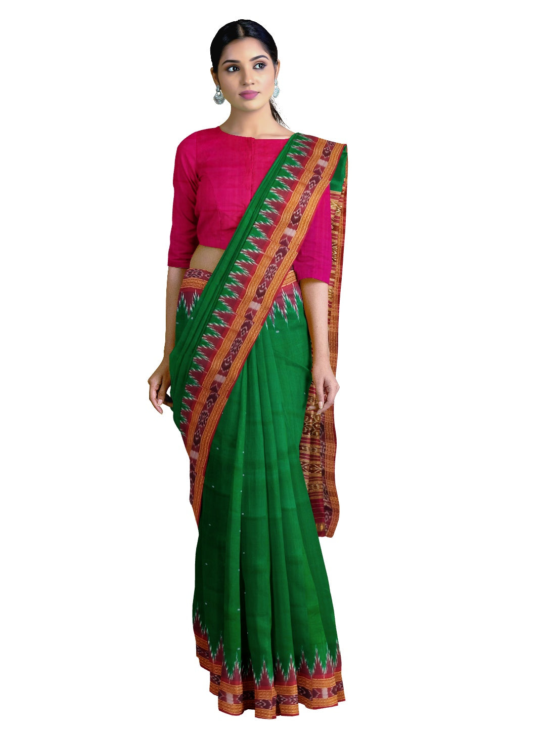 Green with Pink Odisha Khandua Pata Silk Saree with silk blouse piece