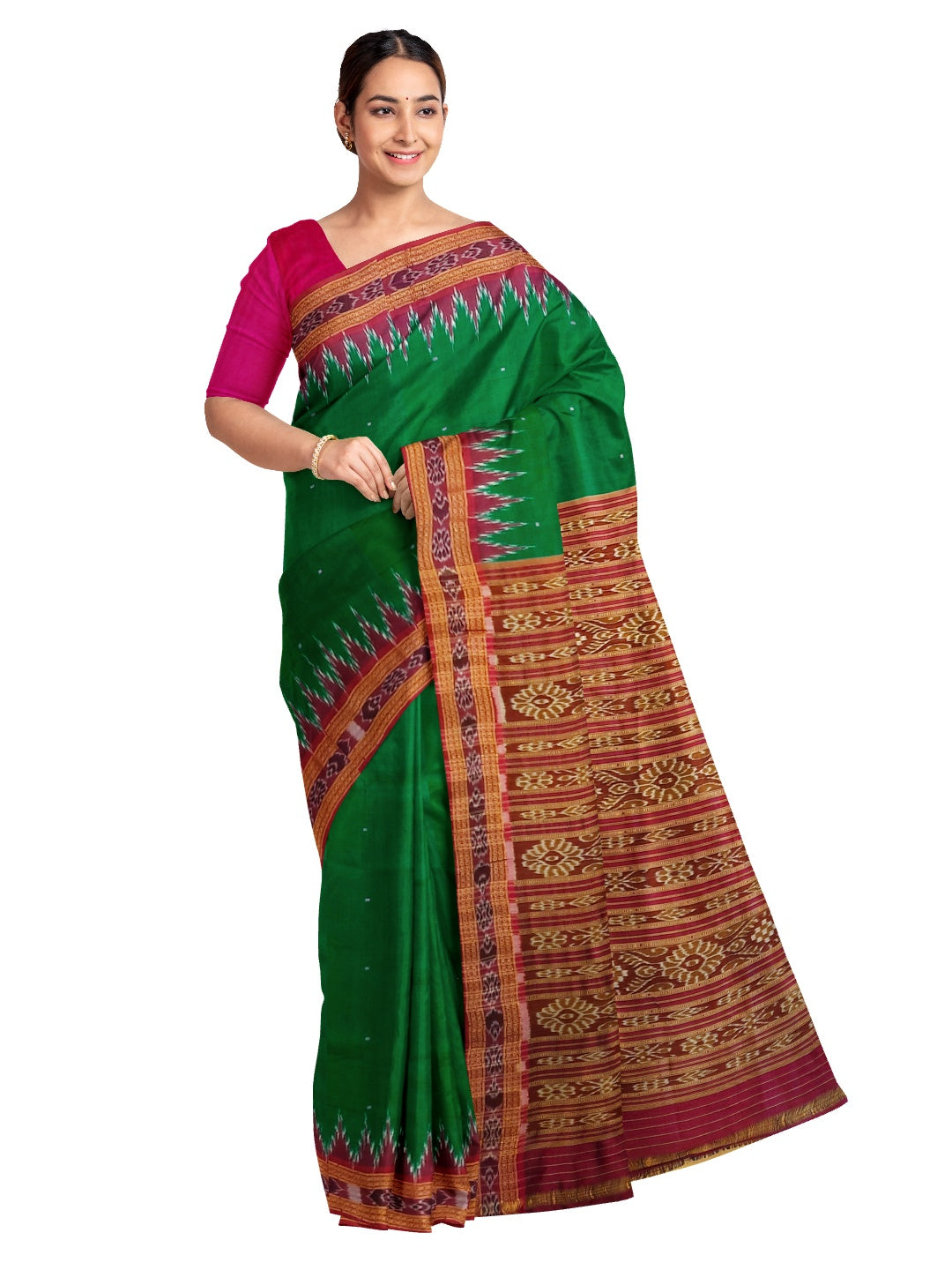 Green with Pink Odisha Khandua Pata Silk Saree with silk blouse piece
