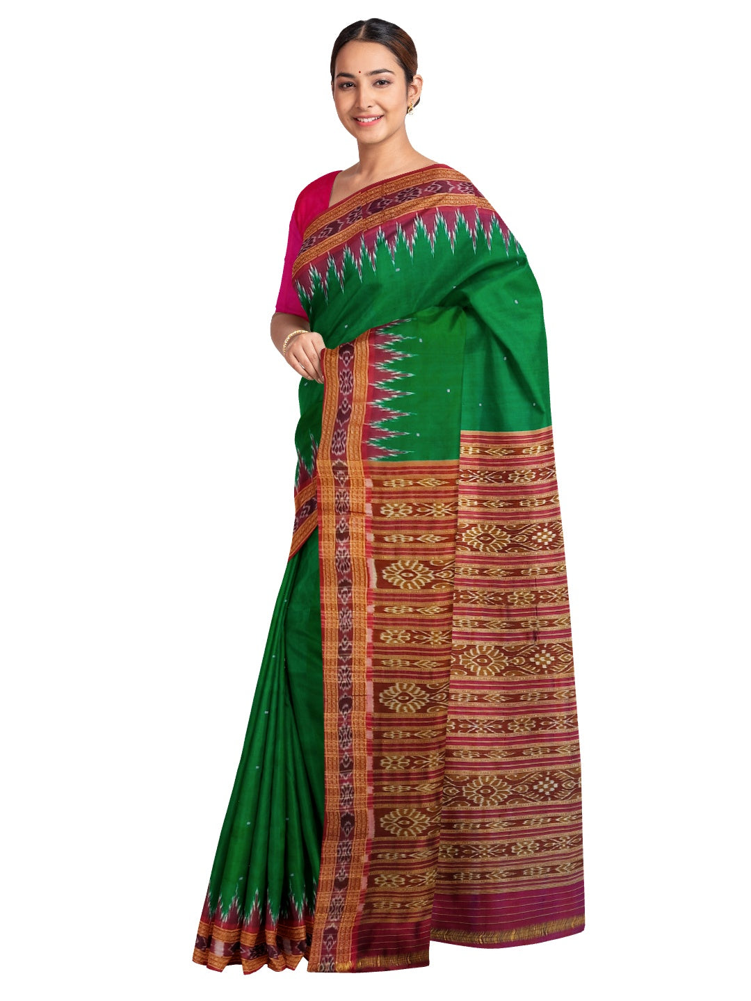 Green with Pink Odisha Khandua Pata Silk Saree with silk blouse piece