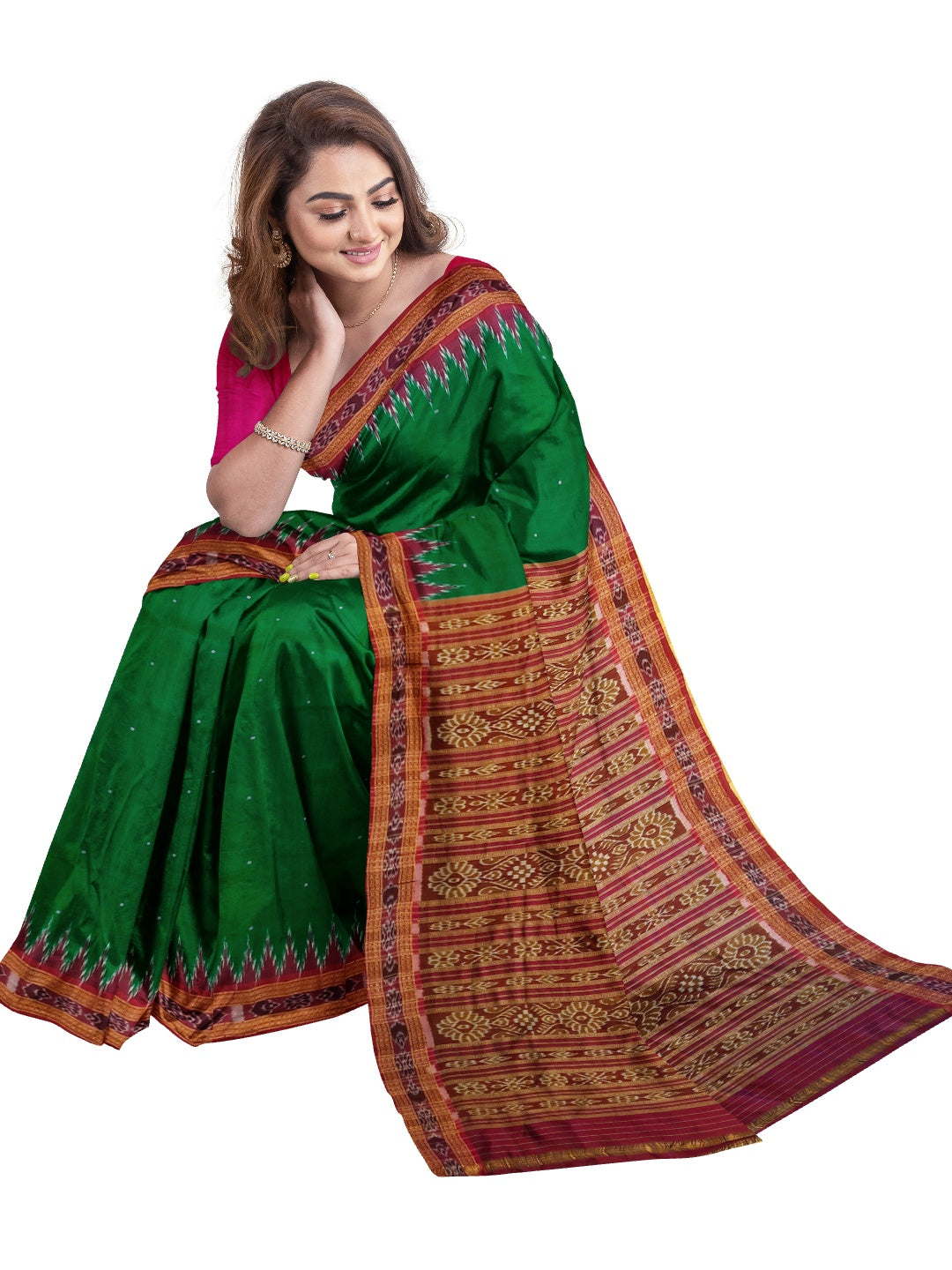 Green with Pink Odisha Khandua Pata Silk Saree with silk blouse piece
