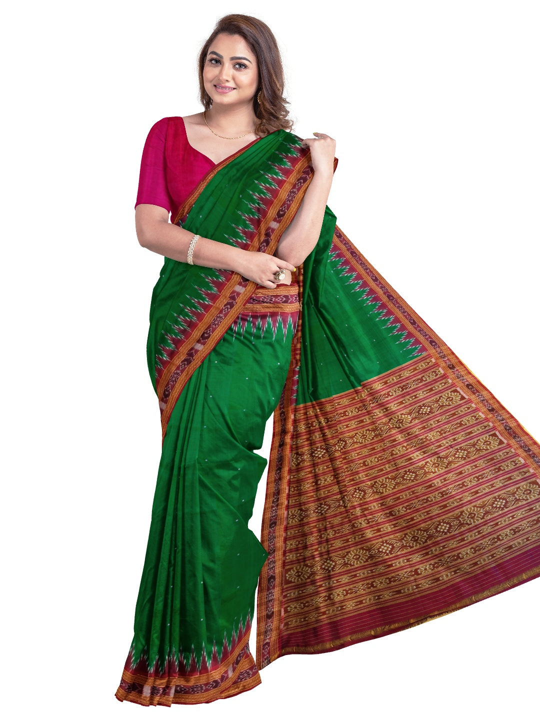 Green with Pink Odisha Khandua Pata Silk Saree with silk blouse piece