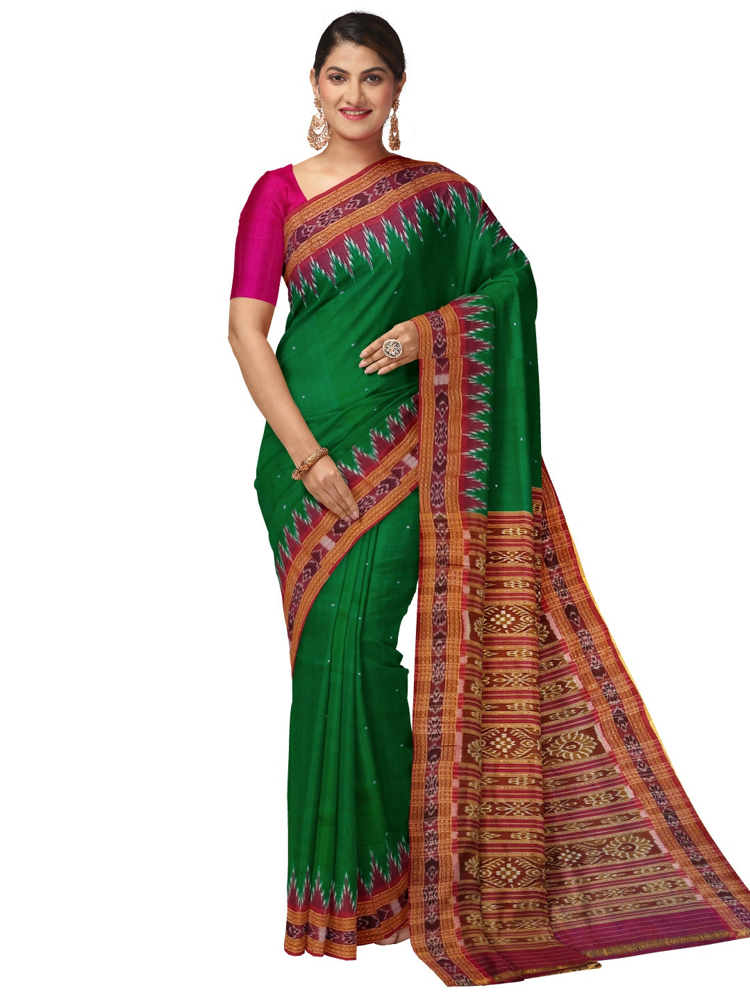 Green with Pink Odisha Khandua Pata Silk Saree with silk blouse piece