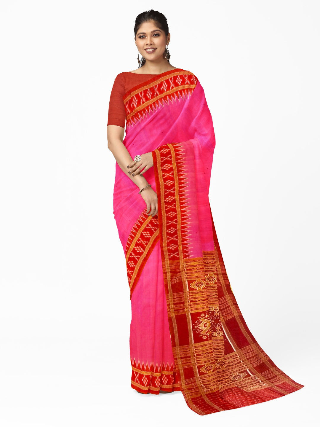Pink with Red Odisha Khandua Pata Silk Saree