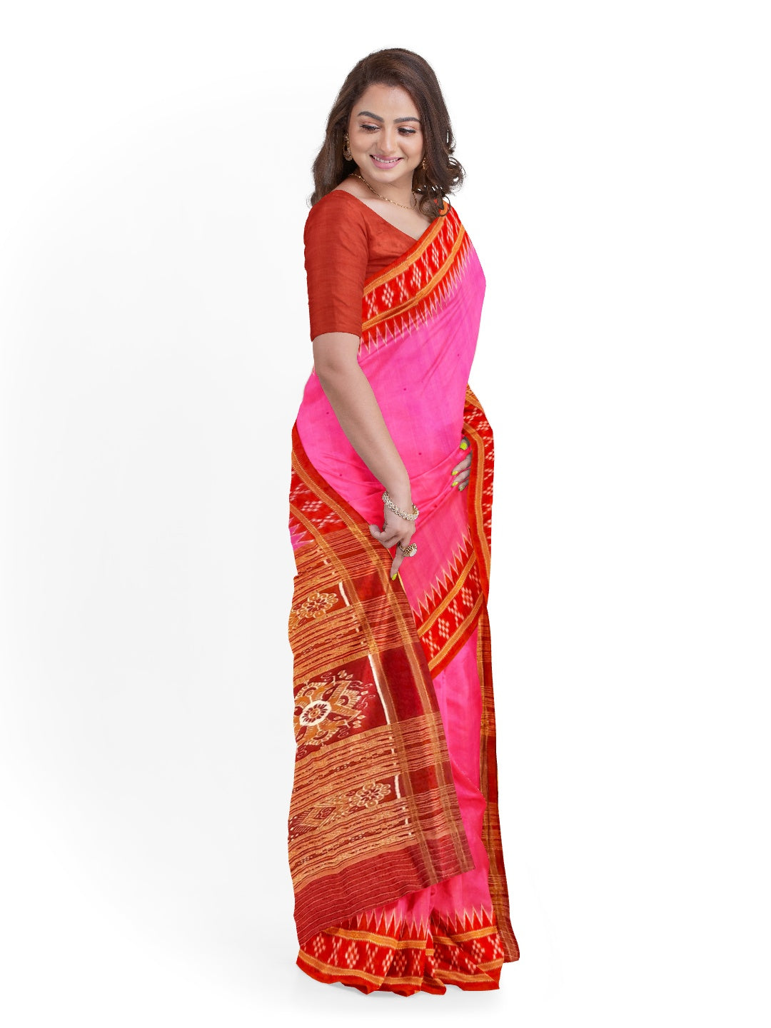 Pink with Red Odisha Khandua Pata Silk Saree