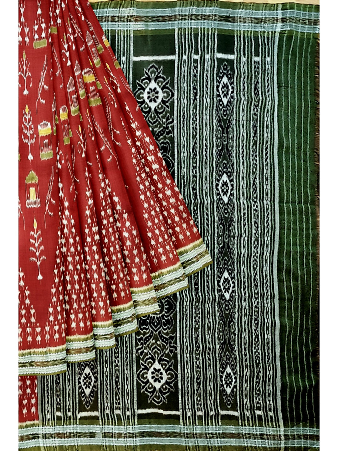 Maroon with Green Odisha Khandua Pata Silk Saree