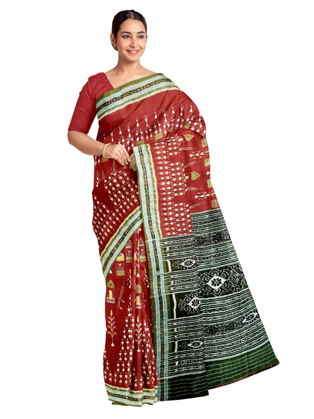 Maroon with Green Odisha Khandua Pata Silk Saree