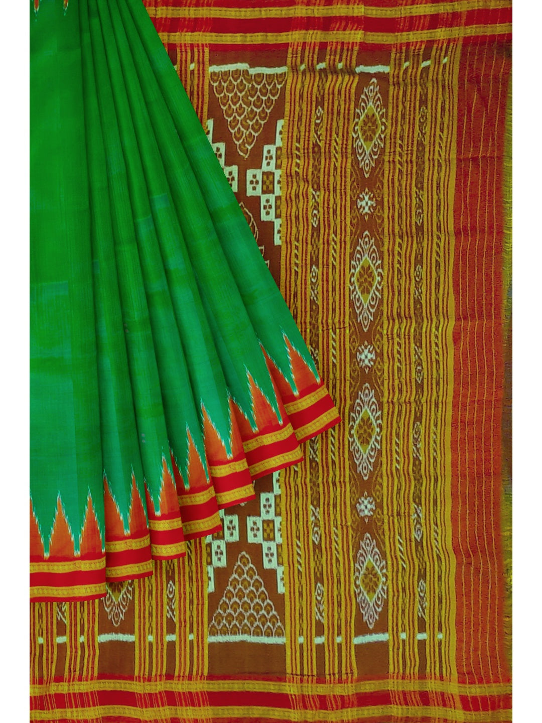 Green Red Odisha Khandua Pata Silk Saree with cotton ikat blouse piece