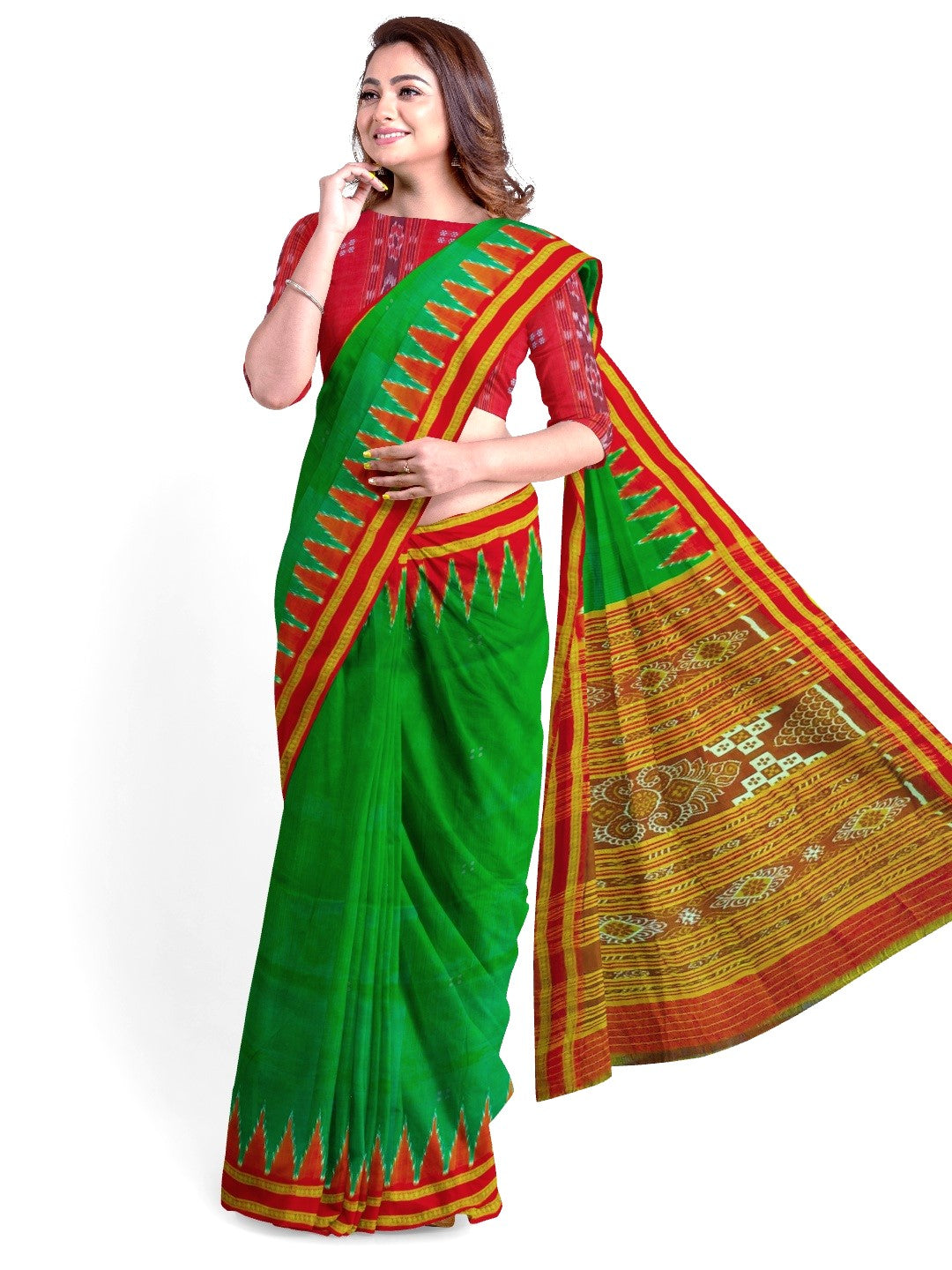 Green Red Odisha Khandua Pata Silk Saree with cotton ikat blouse piece