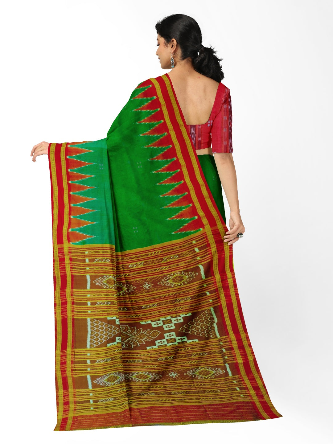 Green Red Odisha Khandua Pata Silk Saree with cotton ikat blouse piece