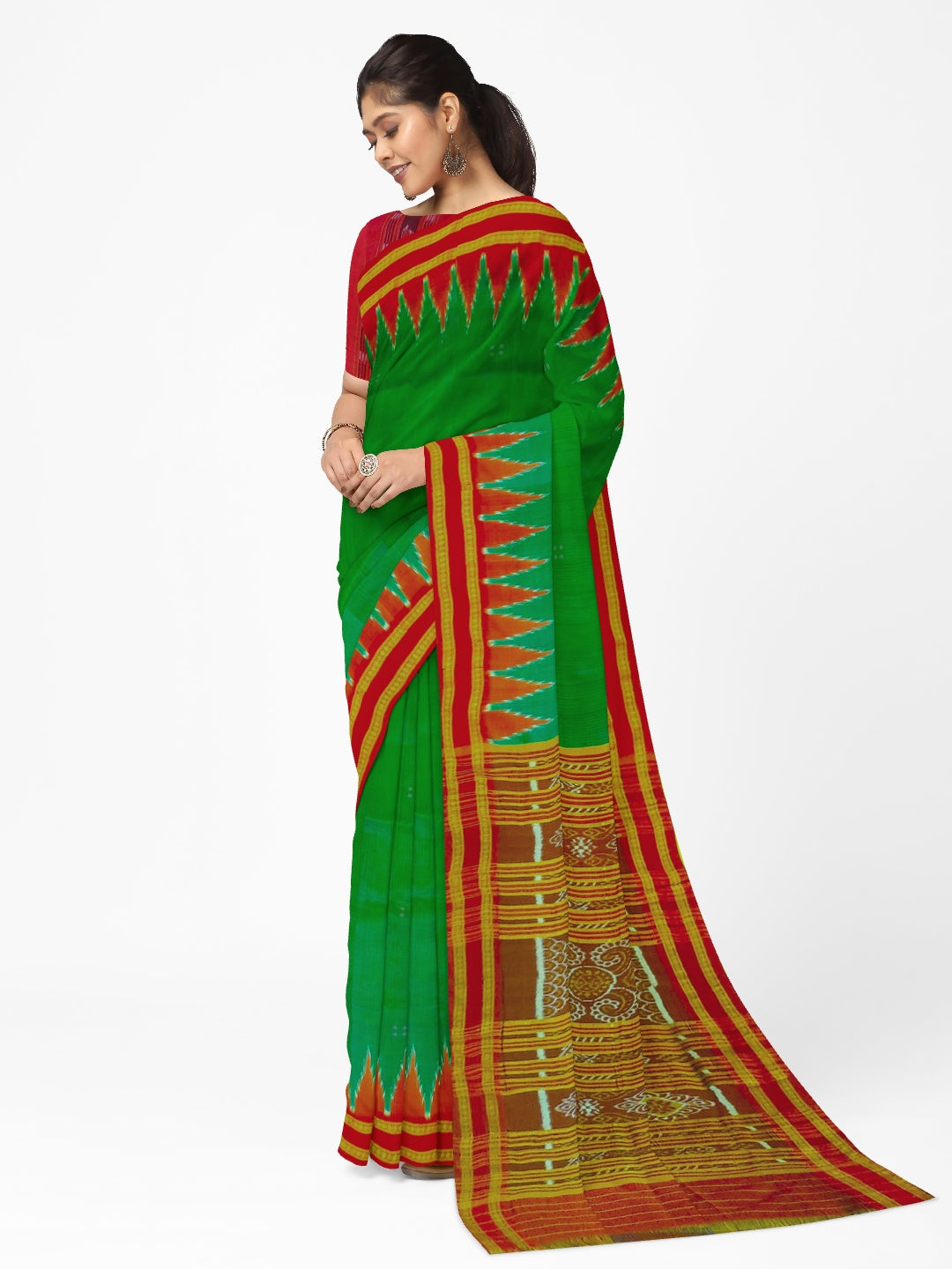 Green Red Odisha Khandua Pata Silk Saree with cotton ikat blouse piece