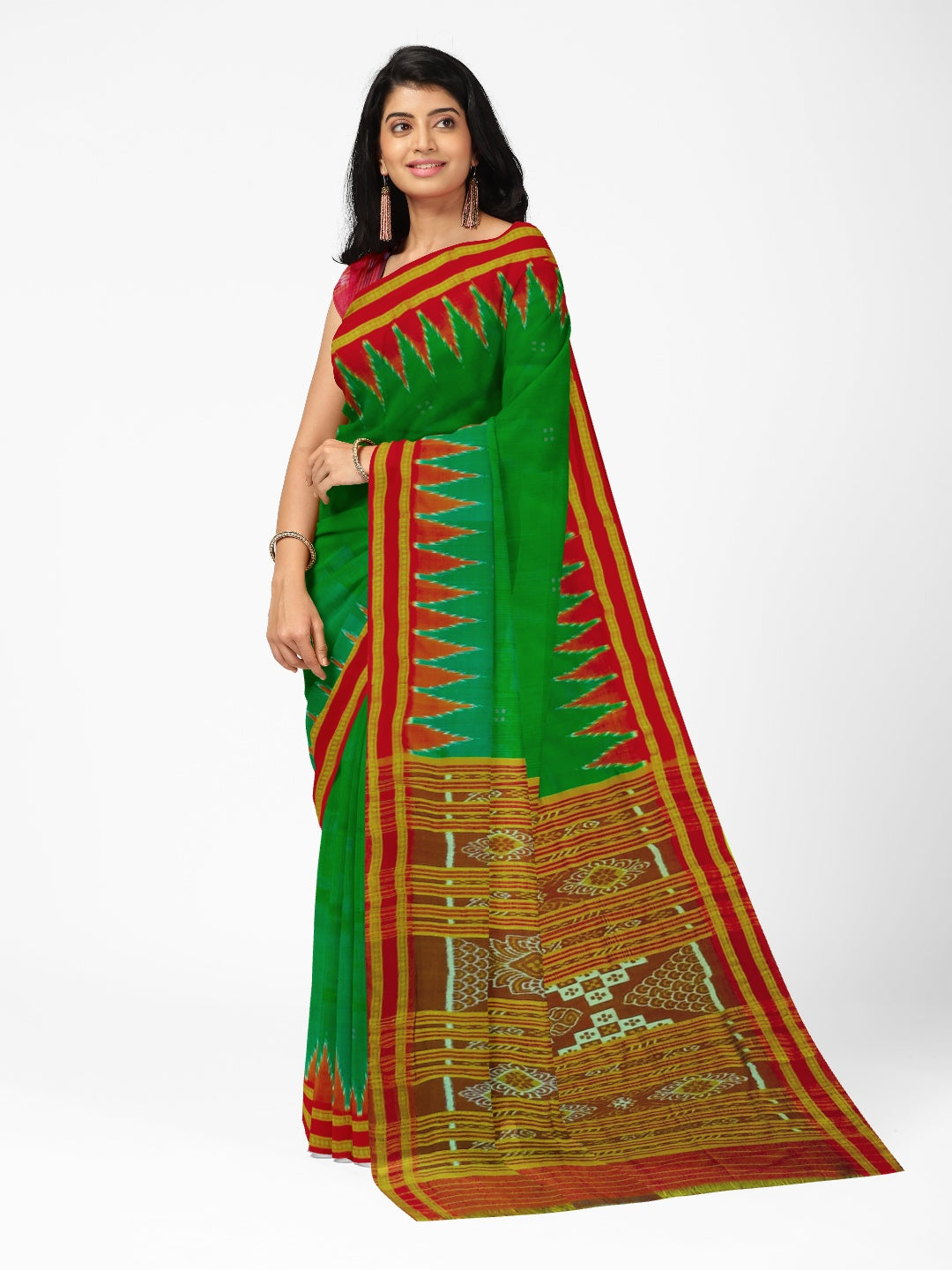 Green Red Odisha Khandua Pata Silk Saree with cotton ikat blouse piece