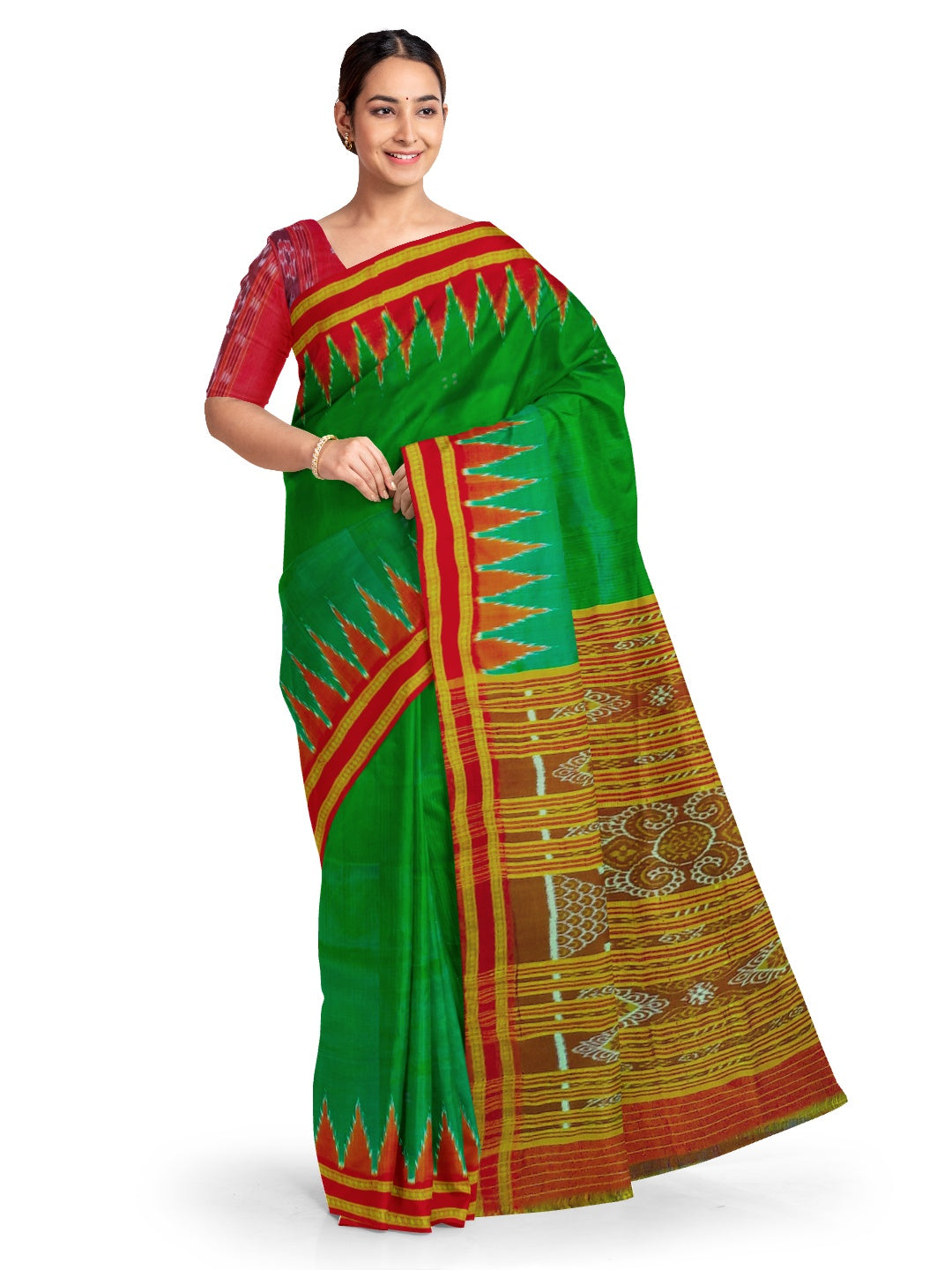 Green Red Odisha Khandua Pata Silk Saree with cotton ikat blouse piece