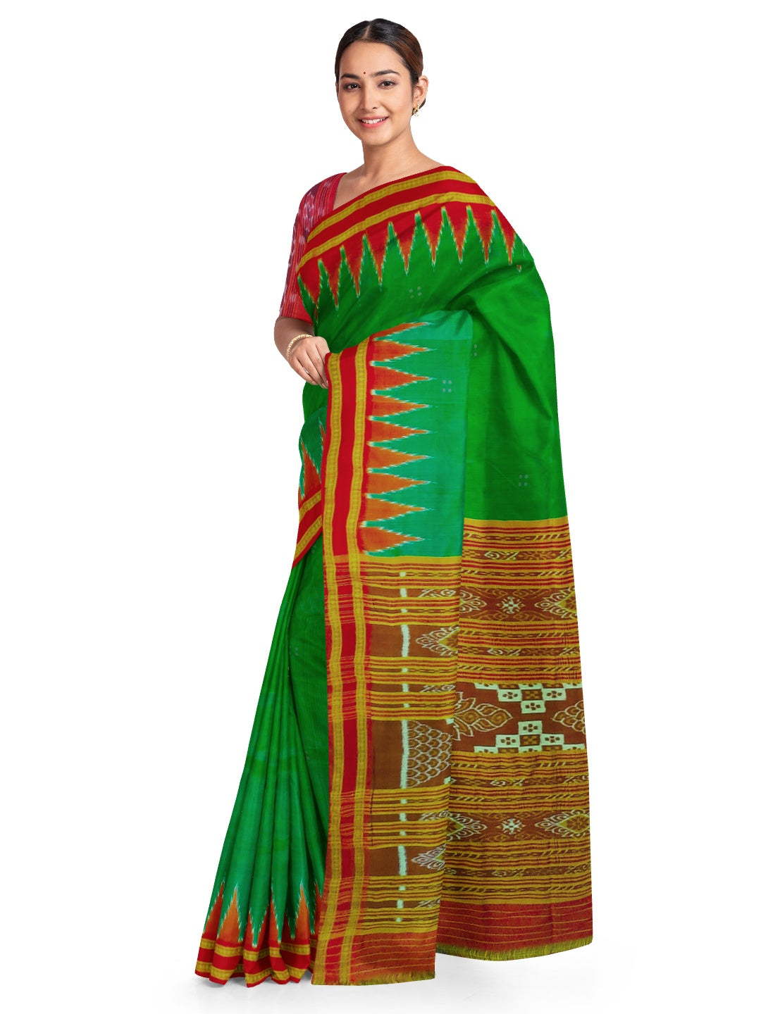 Green Red Odisha Khandua Pata Silk Saree with cotton ikat blouse piece