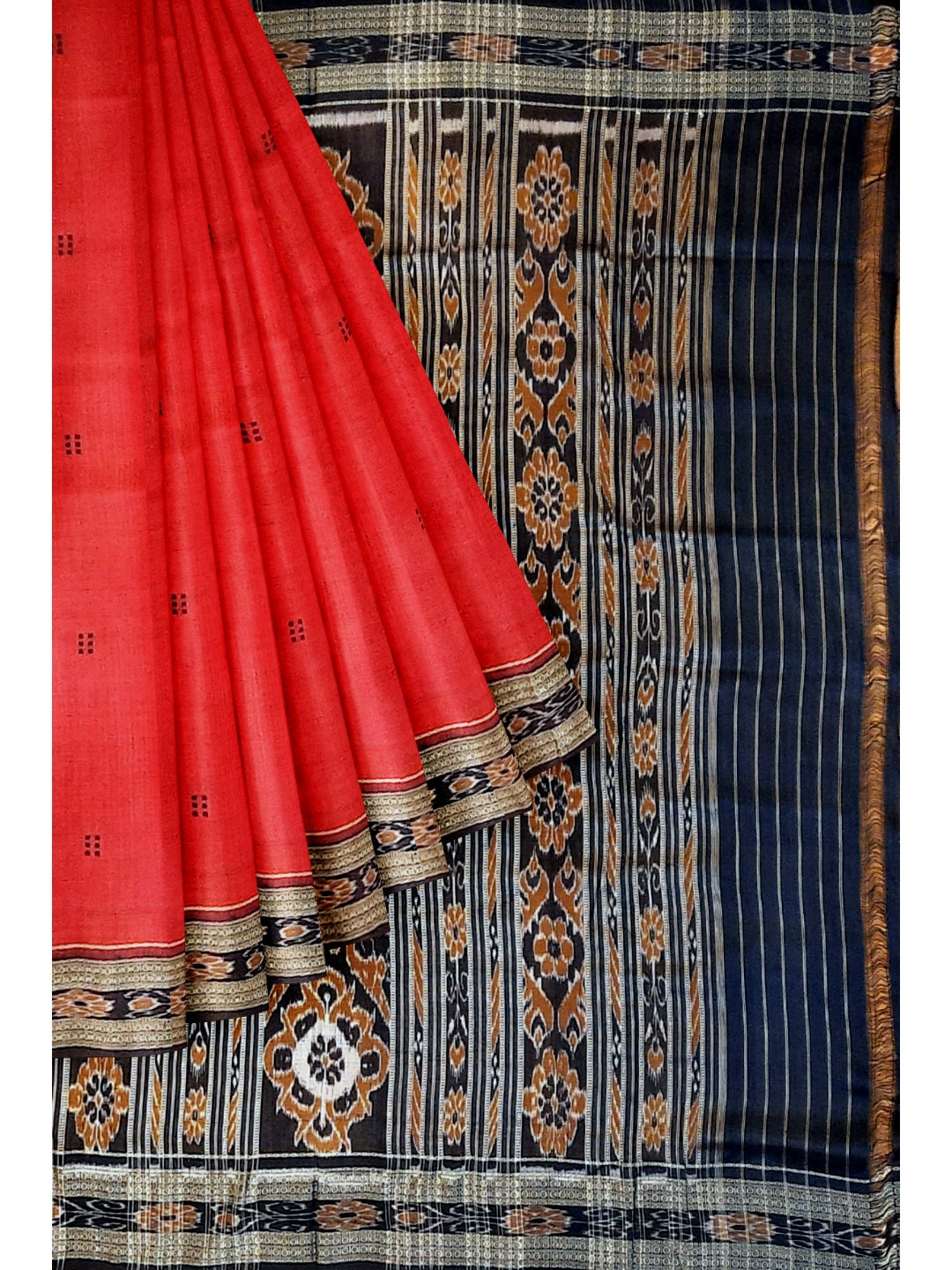 Red Odisha Khandua Pata Silk Saree with cotton ikat blouse piece