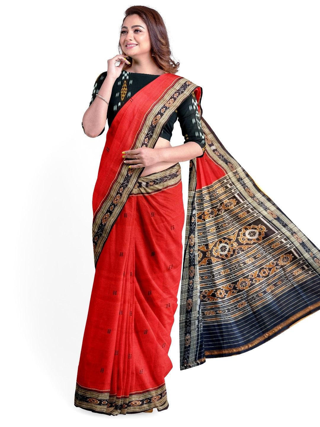 Red Odisha Khandua Pata Silk Saree with cotton ikat blouse piece