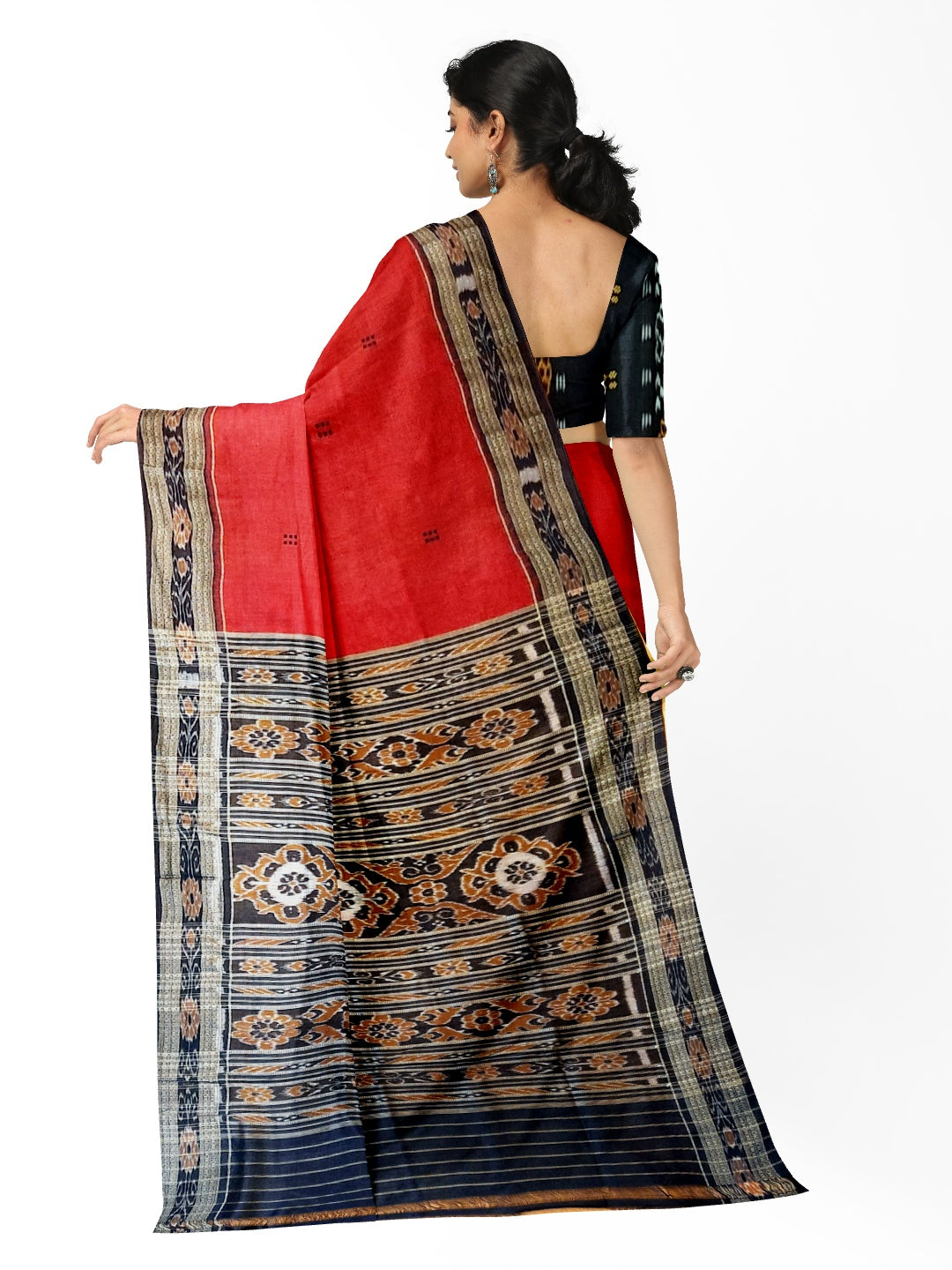 Red Odisha Khandua Pata Silk Saree with cotton ikat blouse piece