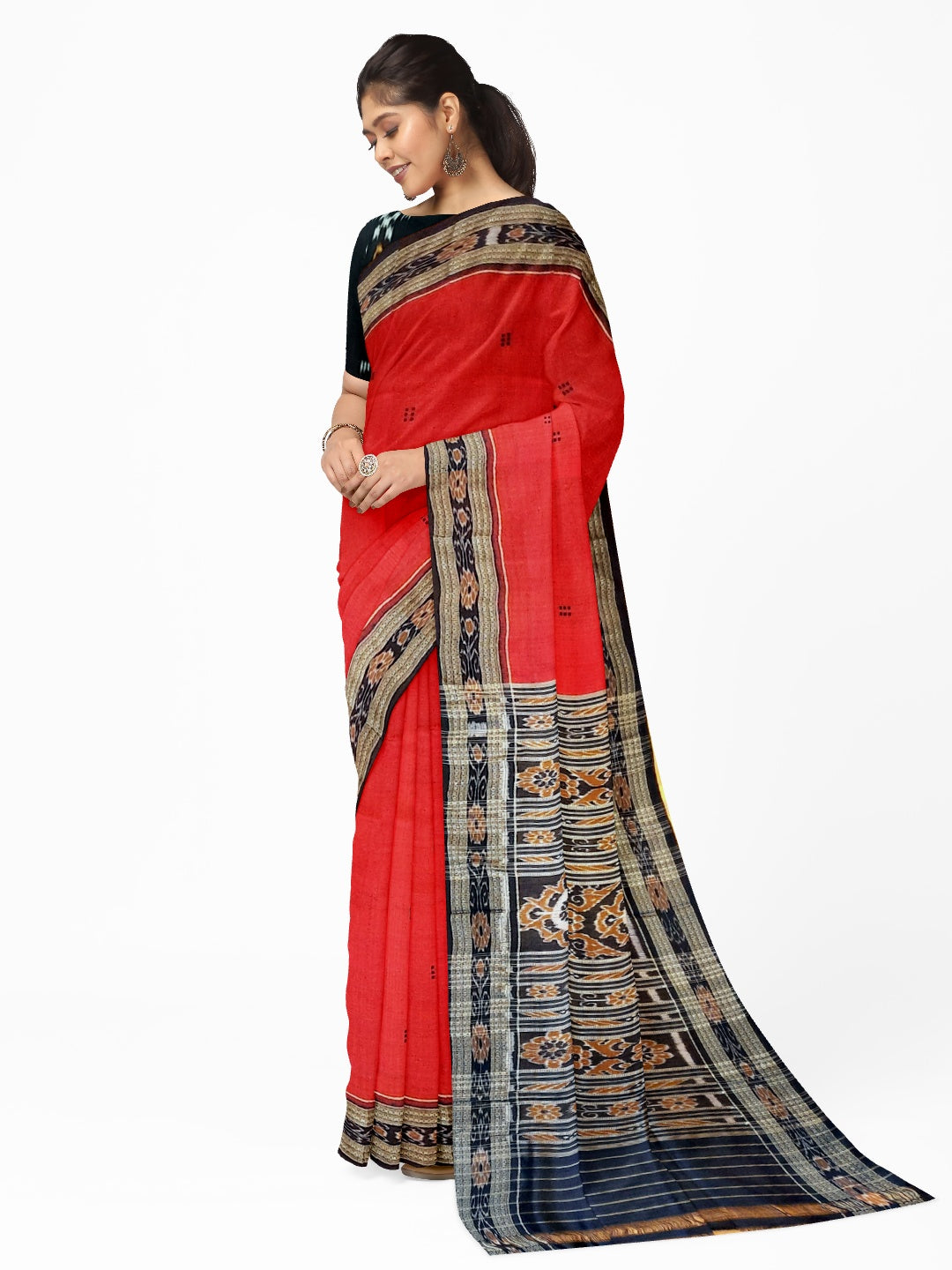 Red Odisha Khandua Pata Silk Saree with cotton ikat blouse piece