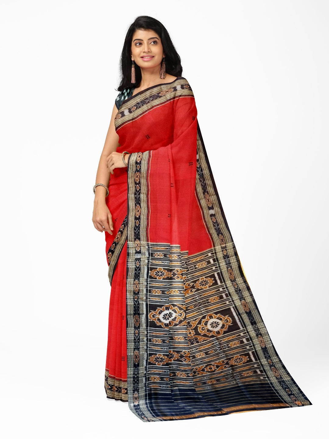 Red Odisha Khandua Pata Silk Saree with cotton ikat blouse piece