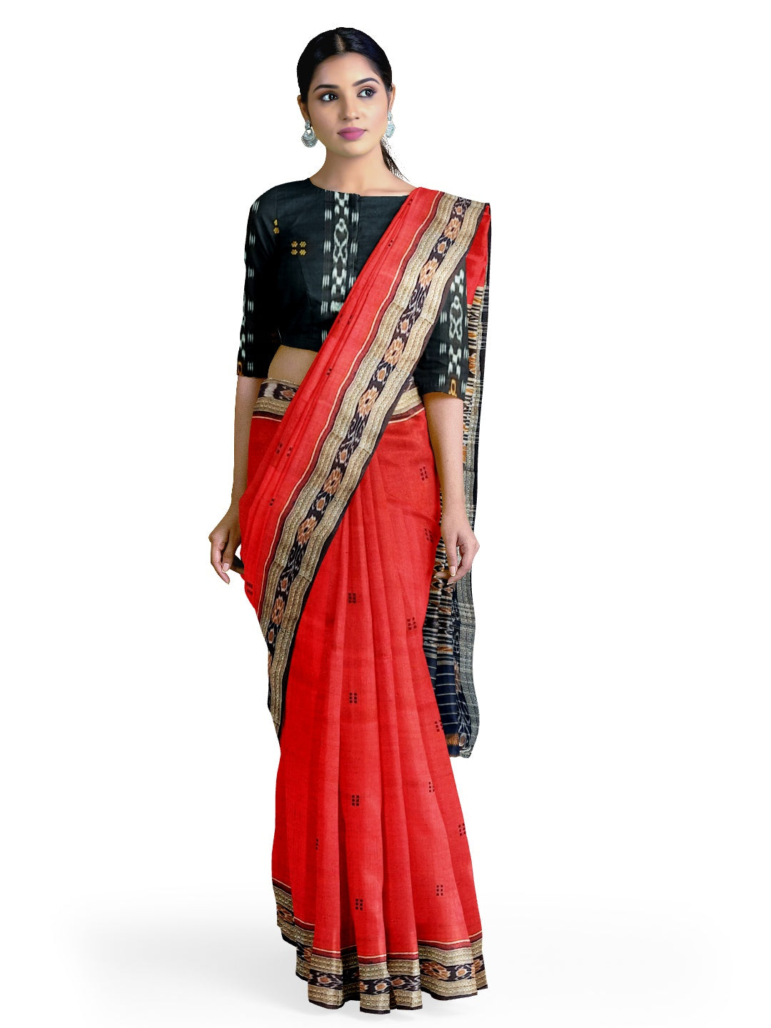 Red Odisha Khandua Pata Silk Saree with cotton ikat blouse piece