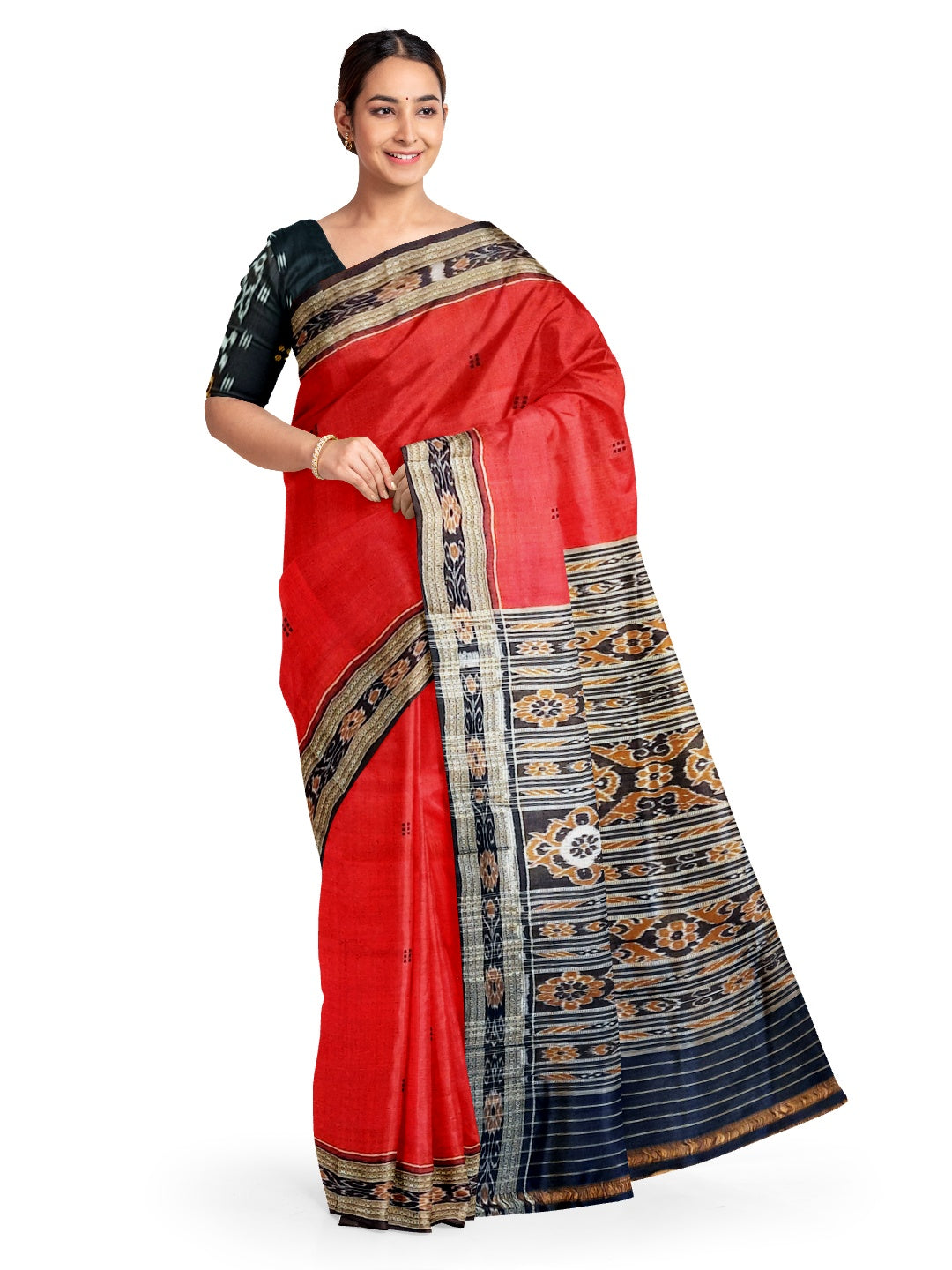 Red Odisha Khandua Pata Silk Saree with cotton ikat blouse piece
