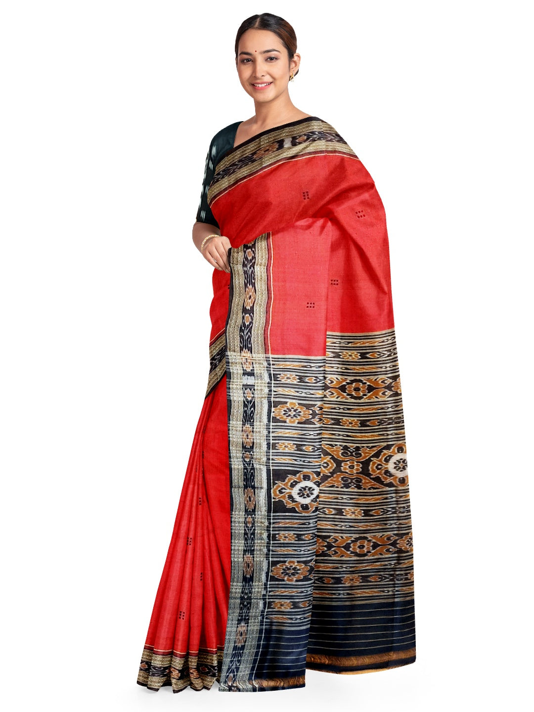Red Odisha Khandua Pata Silk Saree with cotton ikat blouse piece