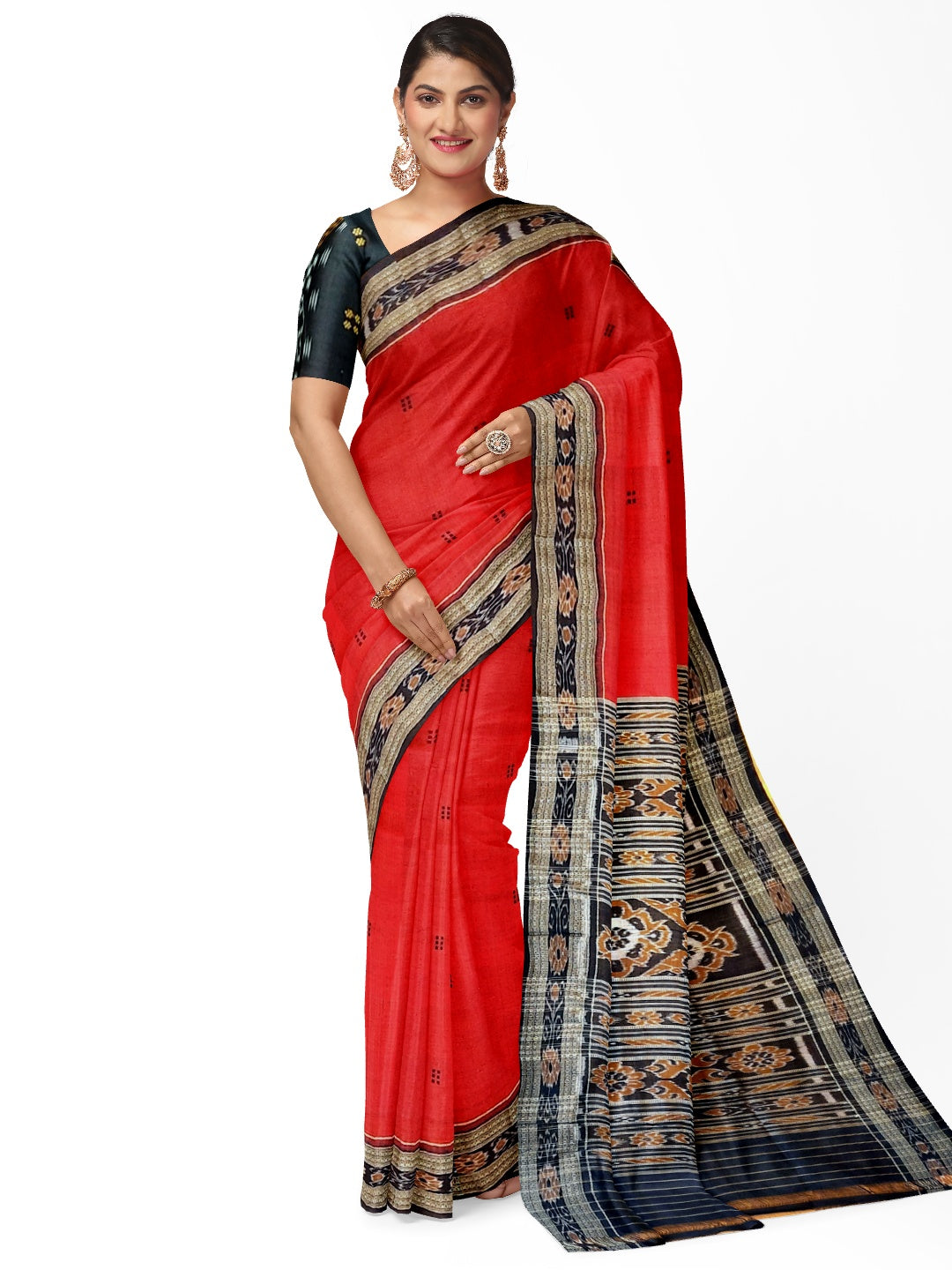 Red Odisha Khandua Pata Silk Saree with cotton ikat blouse piece