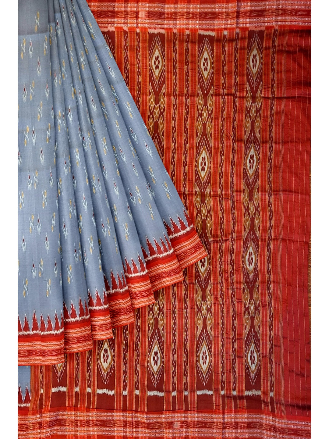 Grey Odisha Khandua Pata Silk Saree with cotton ikat blouse piece