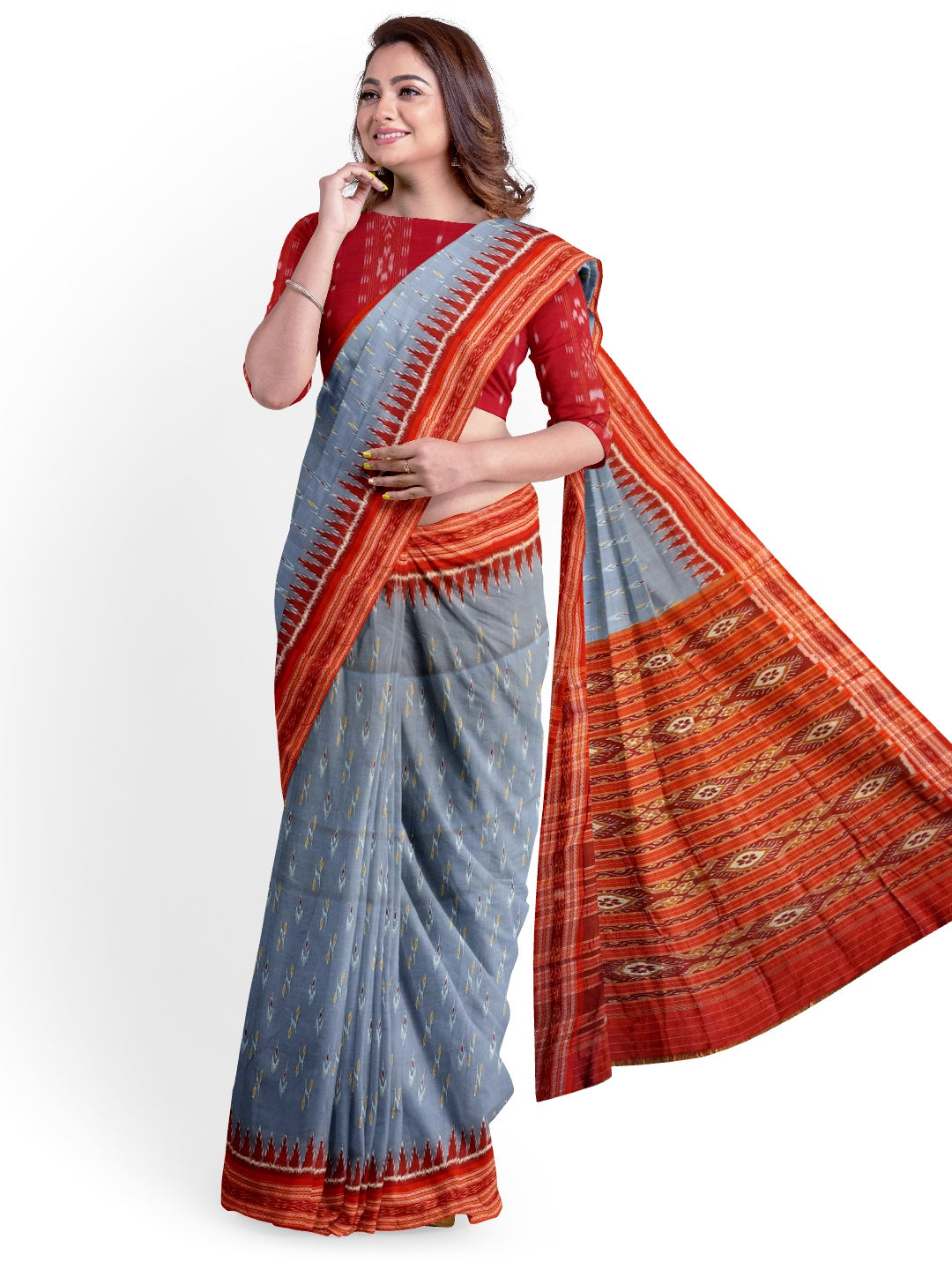 Grey Odisha Khandua Pata Silk Saree with cotton ikat blouse piece