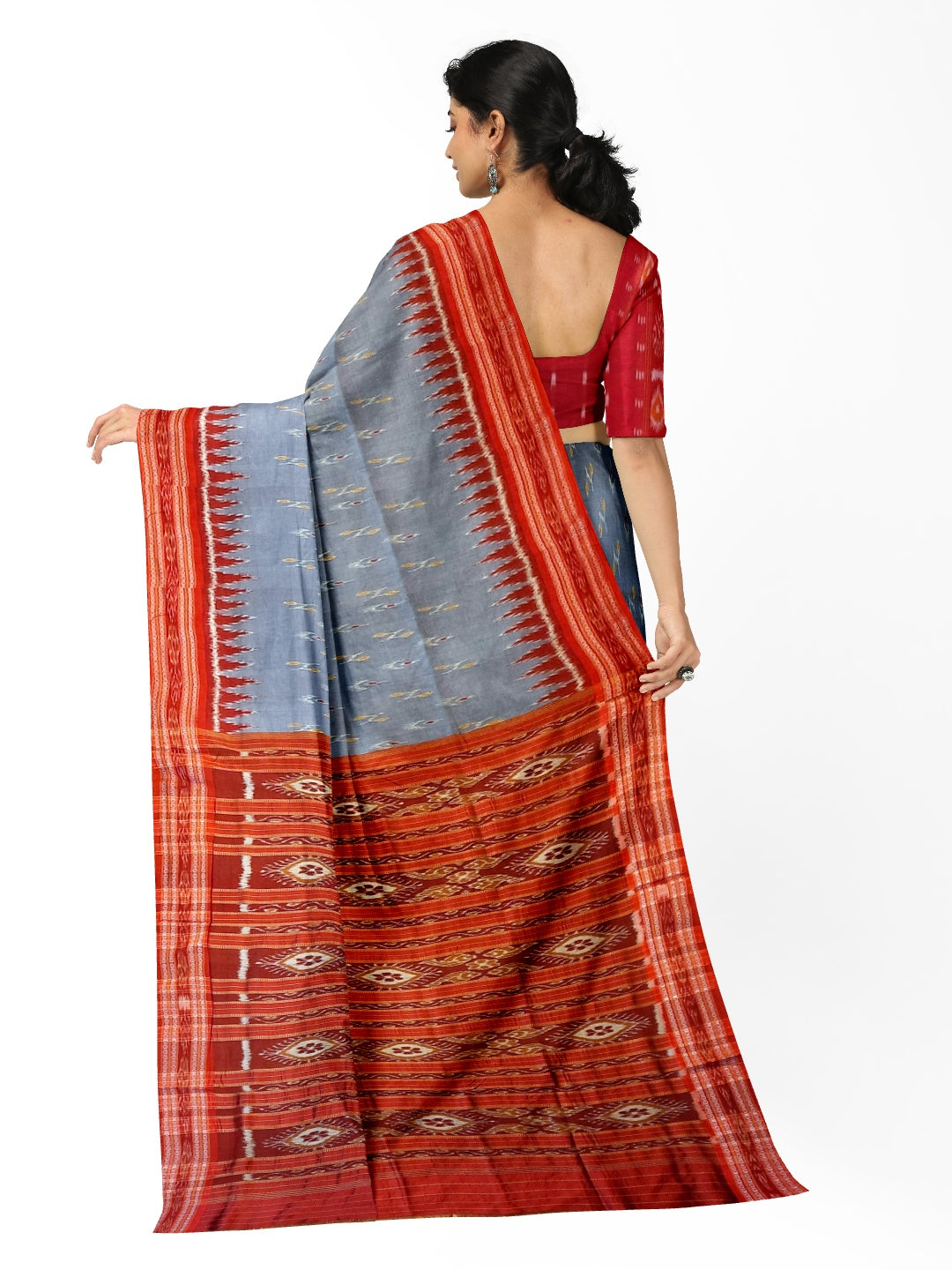 Grey Odisha Khandua Pata Silk Saree with cotton ikat blouse piece