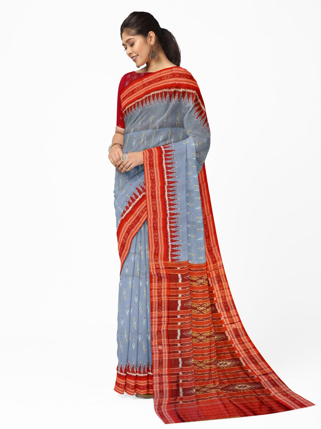 Grey Odisha Khandua Pata Silk Saree with cotton ikat blouse piece