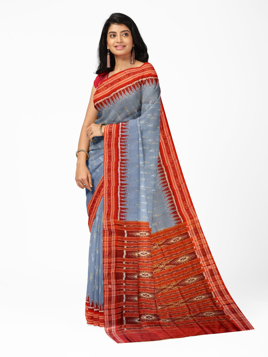 Grey Odisha Khandua Pata Silk Saree with cotton ikat blouse piece