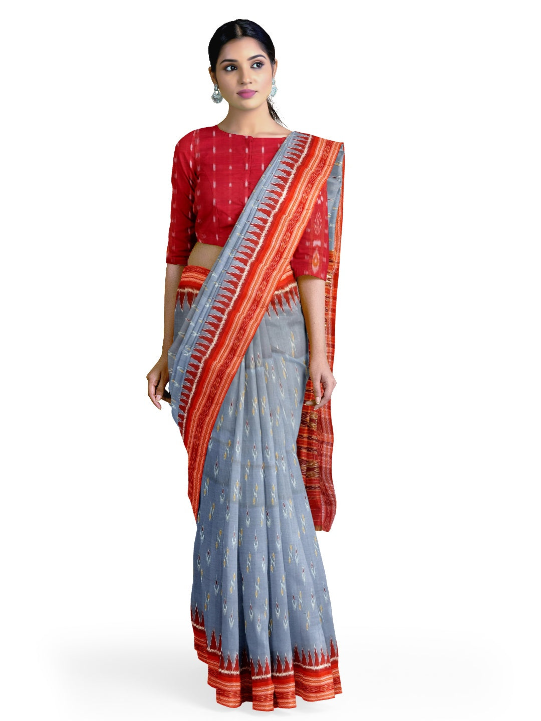 Grey Odisha Khandua Pata Silk Saree with cotton ikat blouse piece
