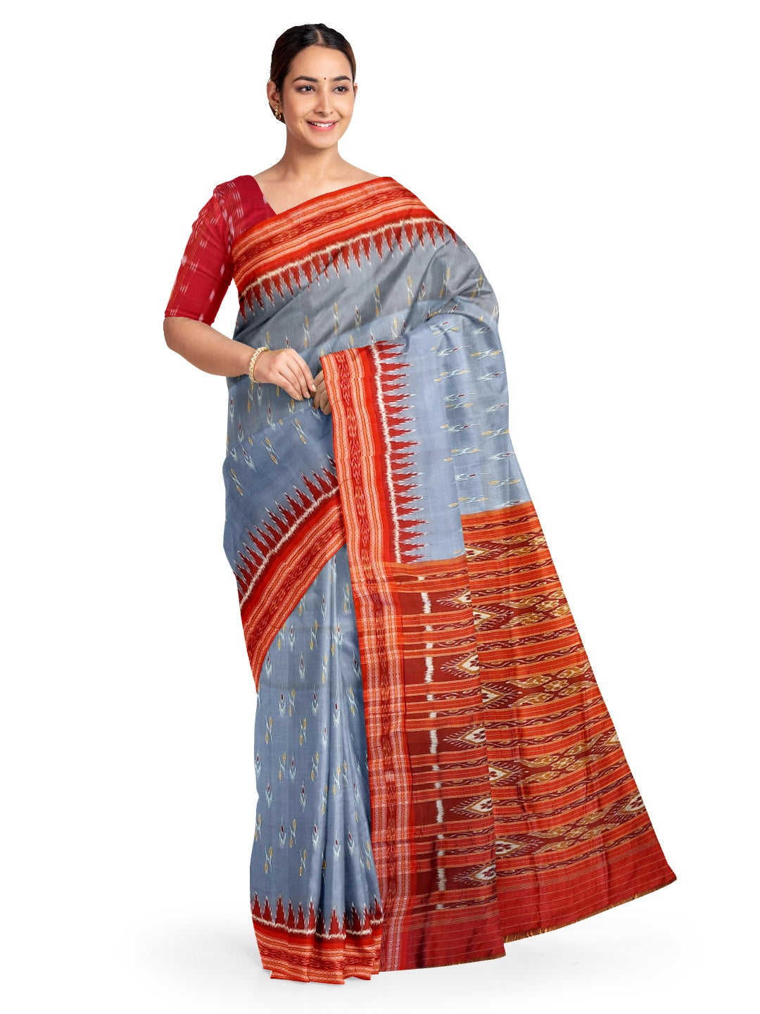 Grey Odisha Khandua Pata Silk Saree with cotton ikat blouse piece