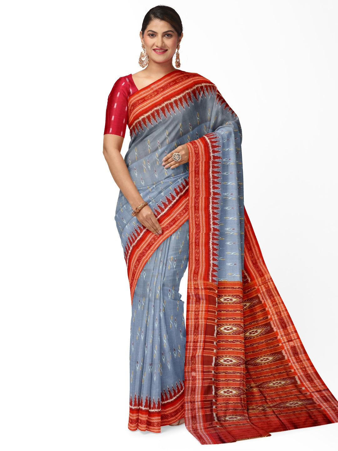 Grey Odisha Khandua Pata Silk Saree with cotton ikat blouse piece