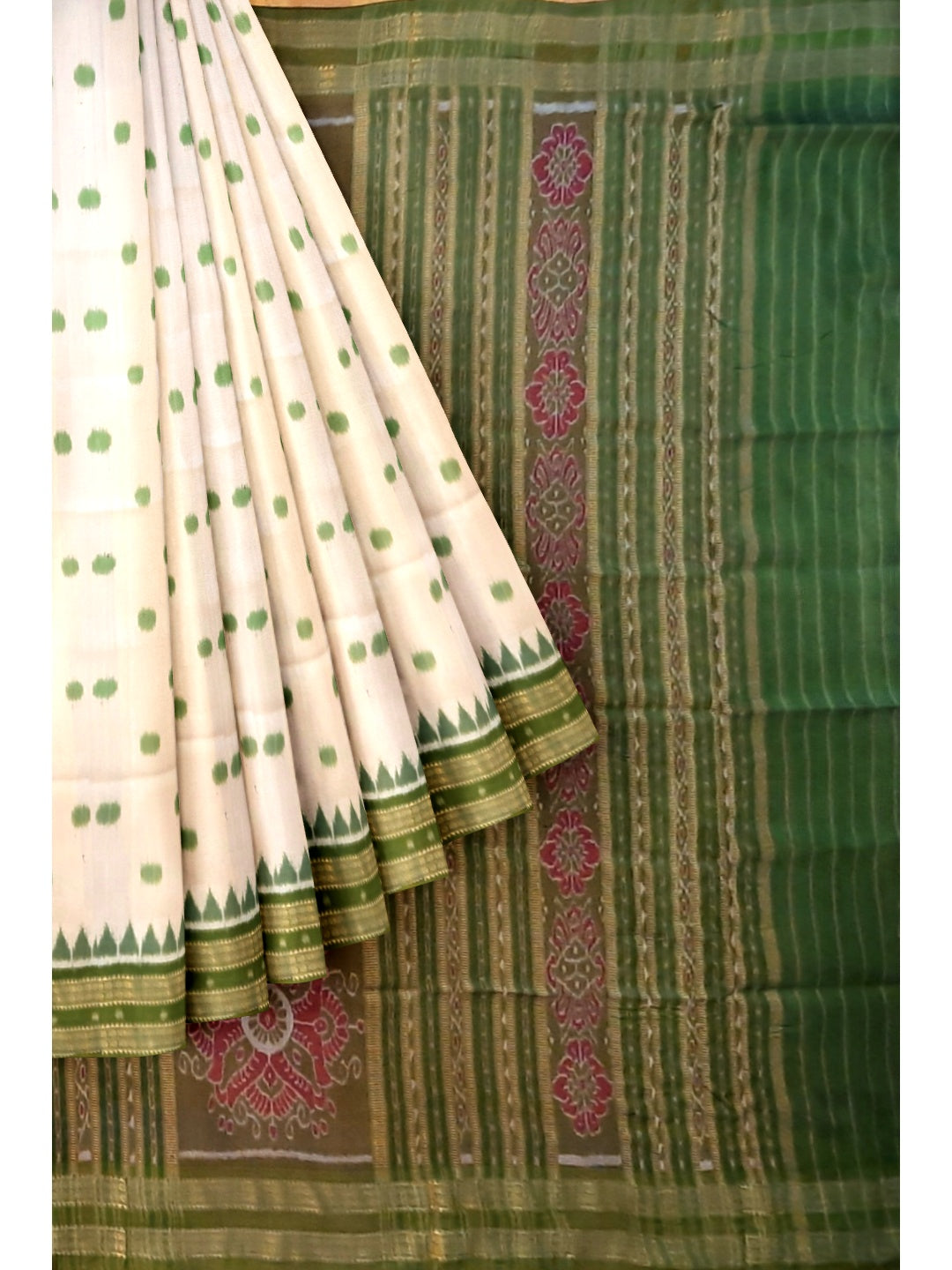 White Green Polka dots Odisha Khandua Pata Silk Saree with cotton ikat blouse piece