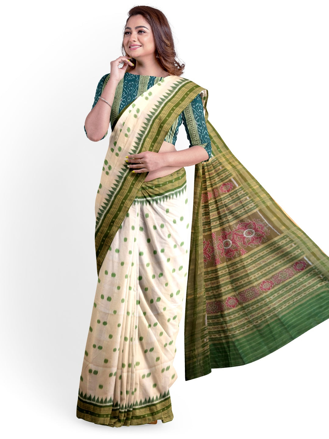 White Green Polka dots Odisha Khandua Pata Silk Saree with cotton ikat blouse piece