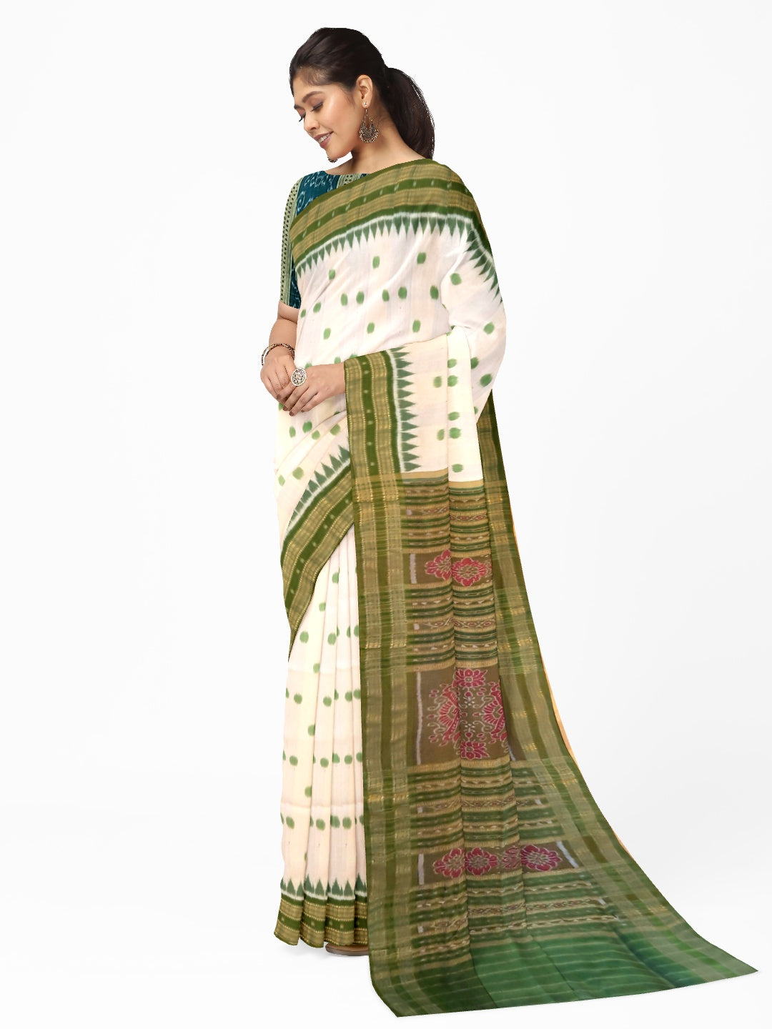 White Green Polka dots Odisha Khandua Pata Silk Saree with cotton ikat blouse piece