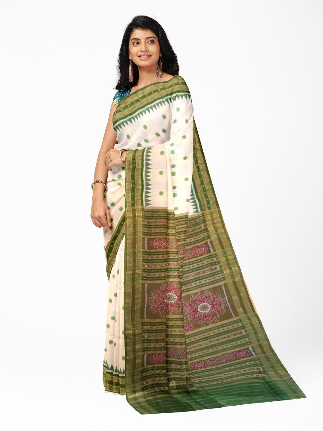 White Green Polka dots Odisha Khandua Pata Silk Saree with cotton ikat blouse piece