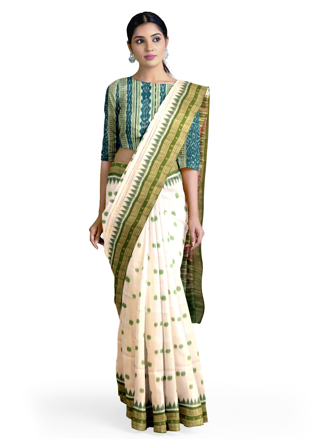 White Green Polka dots Odisha Khandua Pata Silk Saree with cotton ikat blouse piece