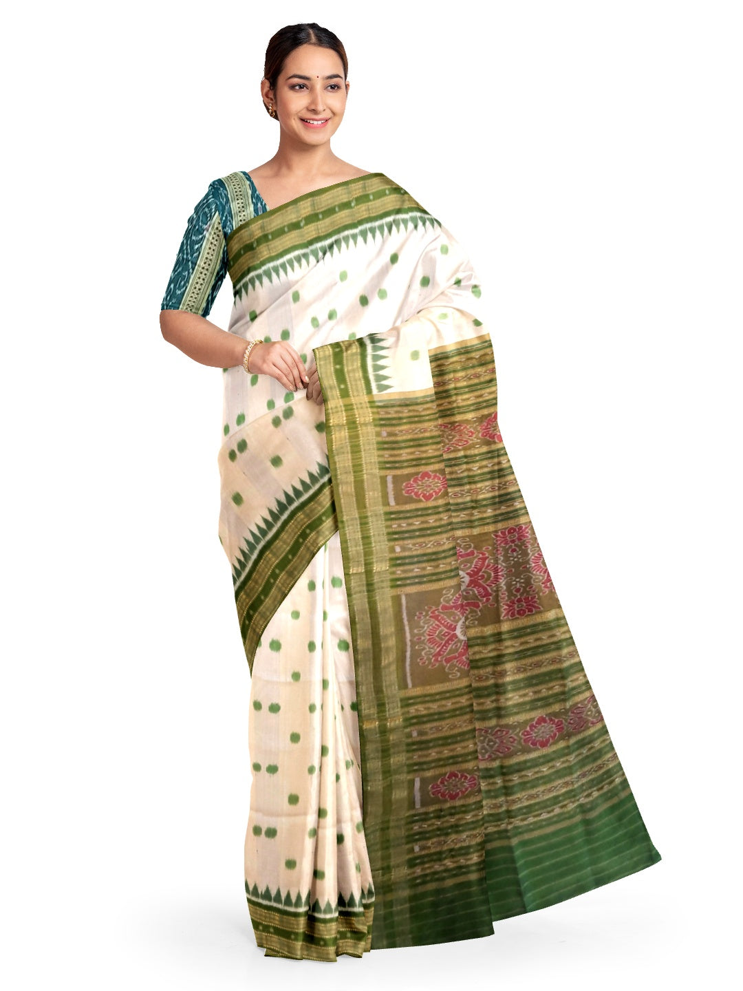 White Green Polka dots Odisha Khandua Pata Silk Saree with cotton ikat blouse piece