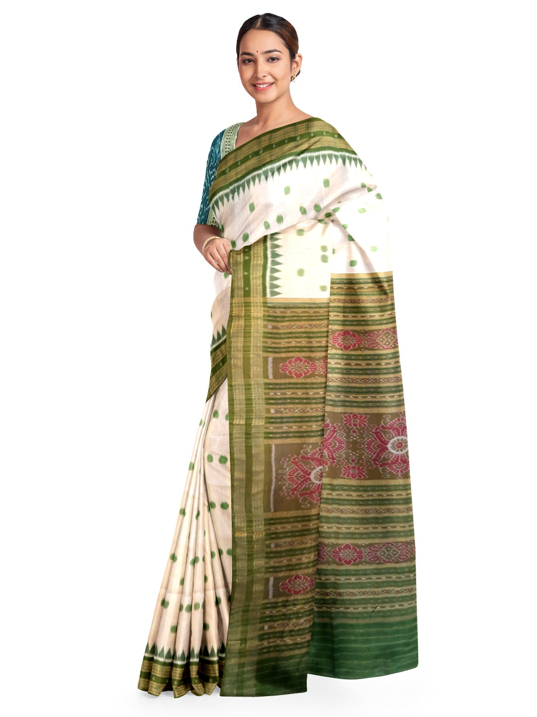 White Green Polka dots Odisha Khandua Pata Silk Saree with cotton ikat blouse piece
