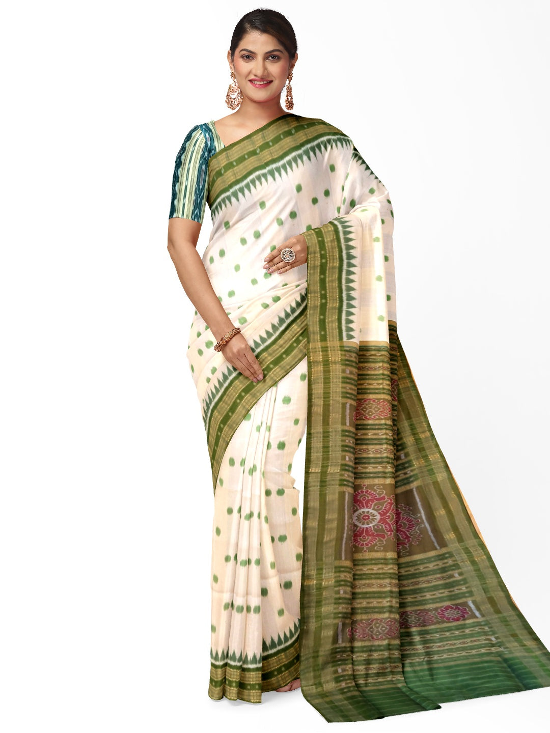 White Green Polka dots Odisha Khandua Pata Silk Saree with cotton ikat blouse piece