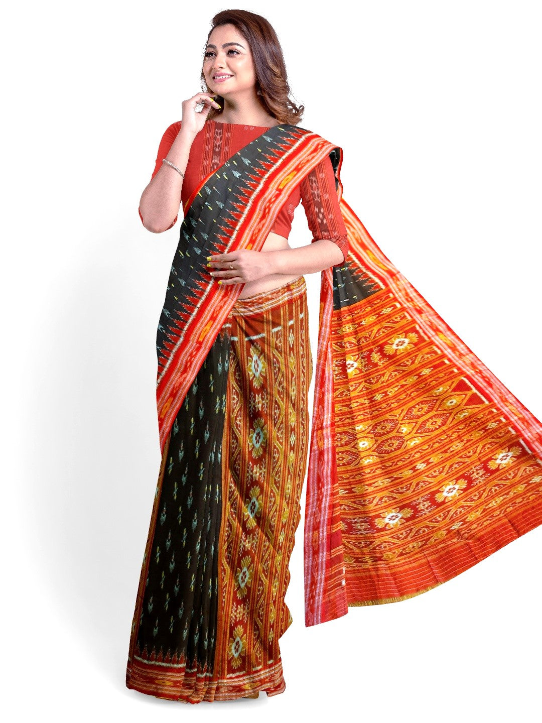 Black Patli design Odisha Khandua Pata Silk Saree with cotton ikat blouse piece
