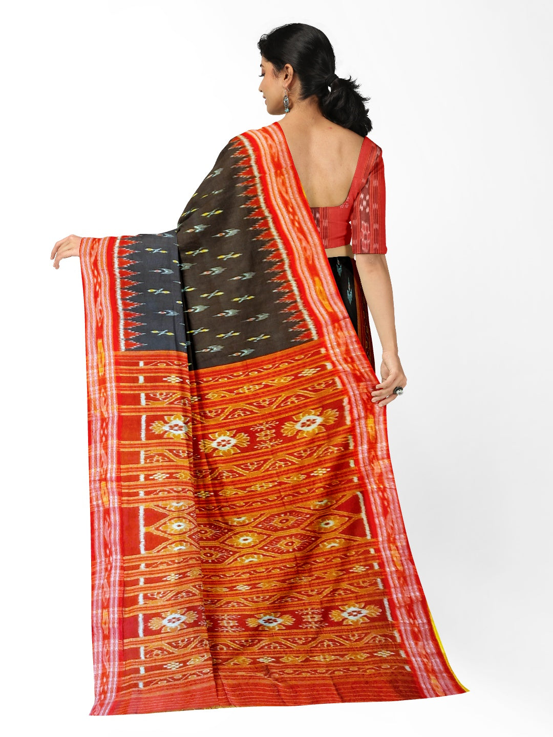 Black Patli design Odisha Khandua Pata Silk Saree with cotton ikat blouse piece