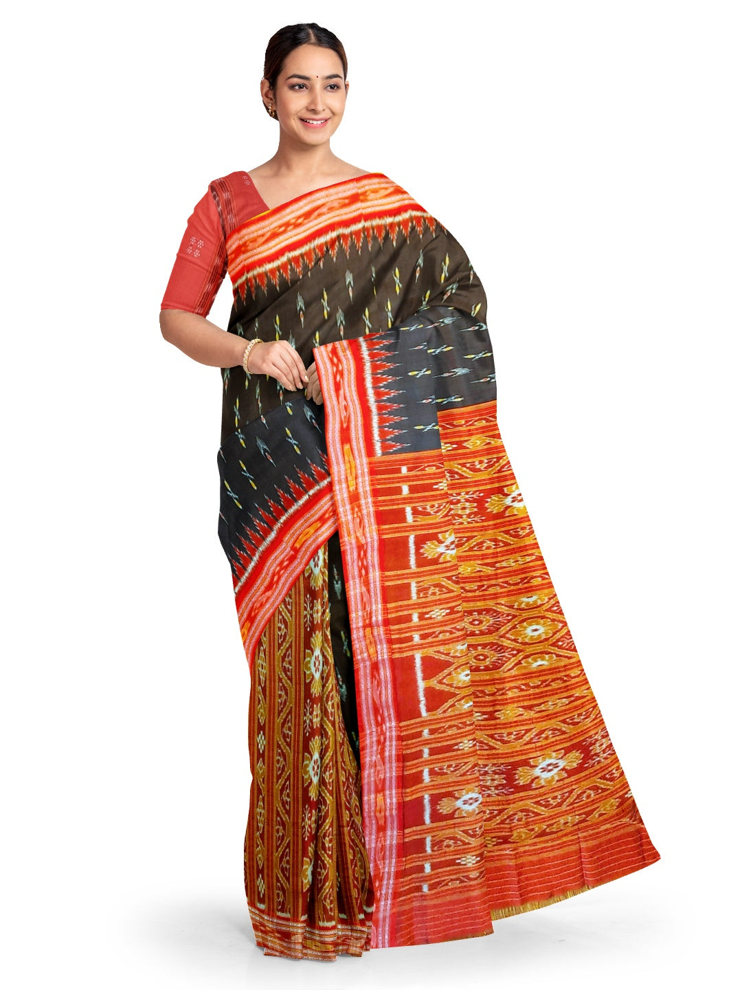 Black Patli design Odisha Khandua Pata Silk Saree with cotton ikat blouse piece