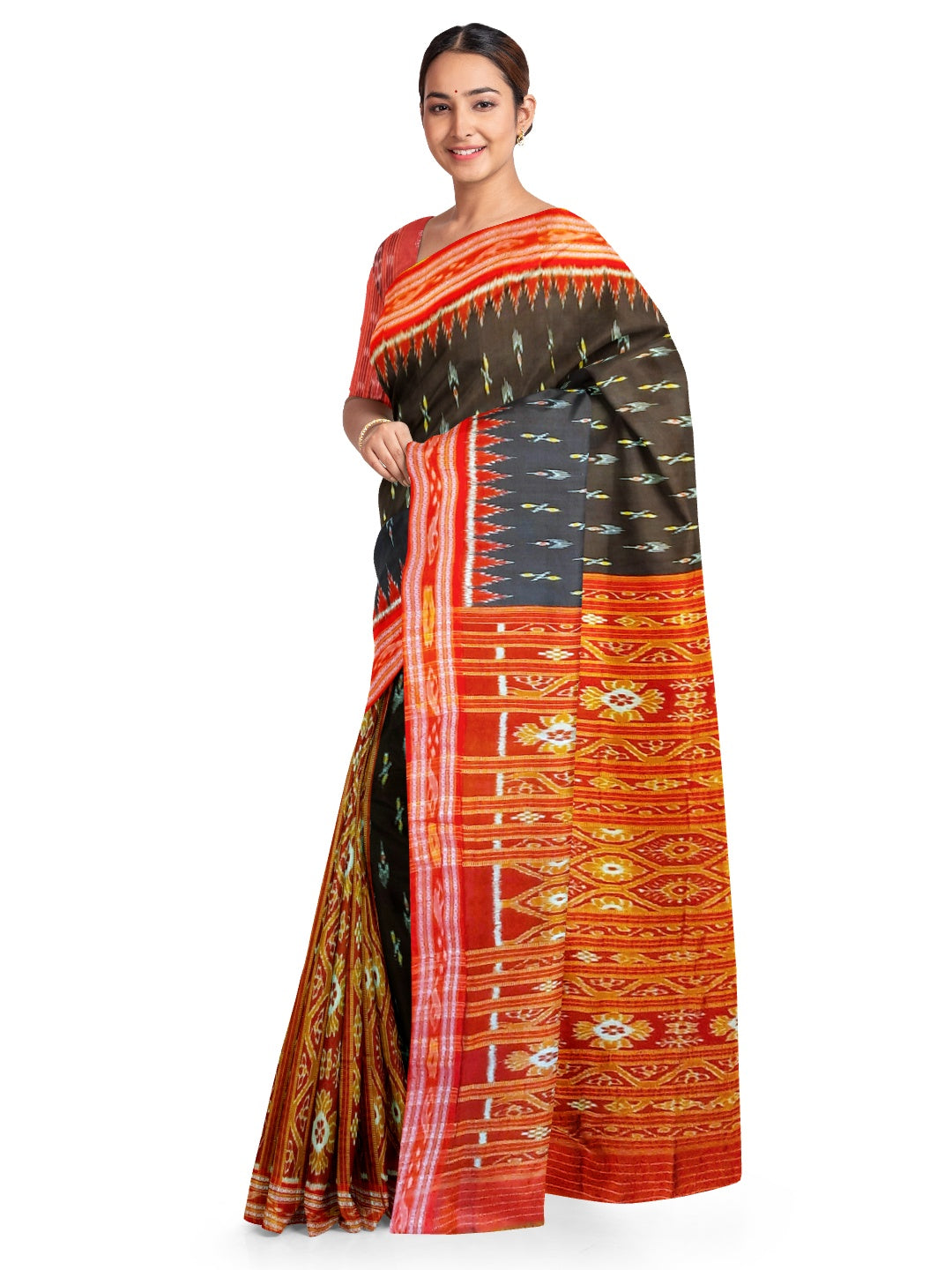 Black Patli design Odisha Khandua Pata Silk Saree with cotton ikat blouse piece